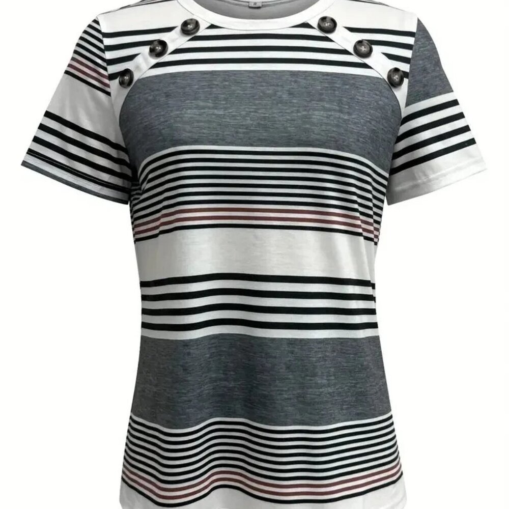 Womens Striped Print T-Shirt with Chic Button Detail Short Sleeve US SIZE 14